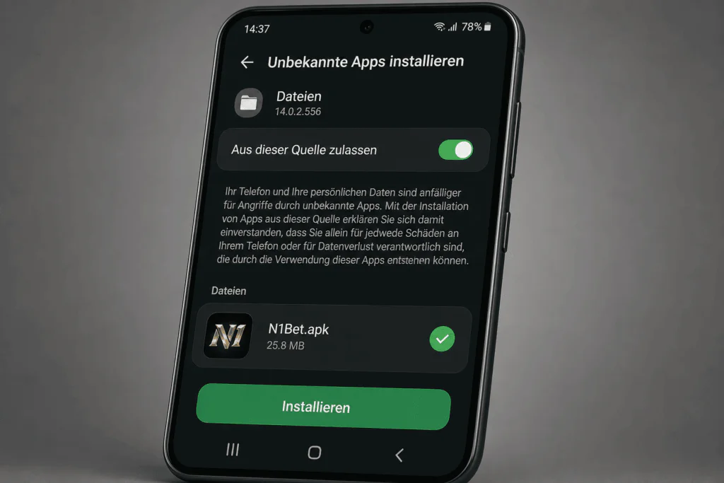 Android-Sicherheitseinstellungen erlauben die Installation der N1Bet APK auf einem Smartphone - n1bet-sports.ch