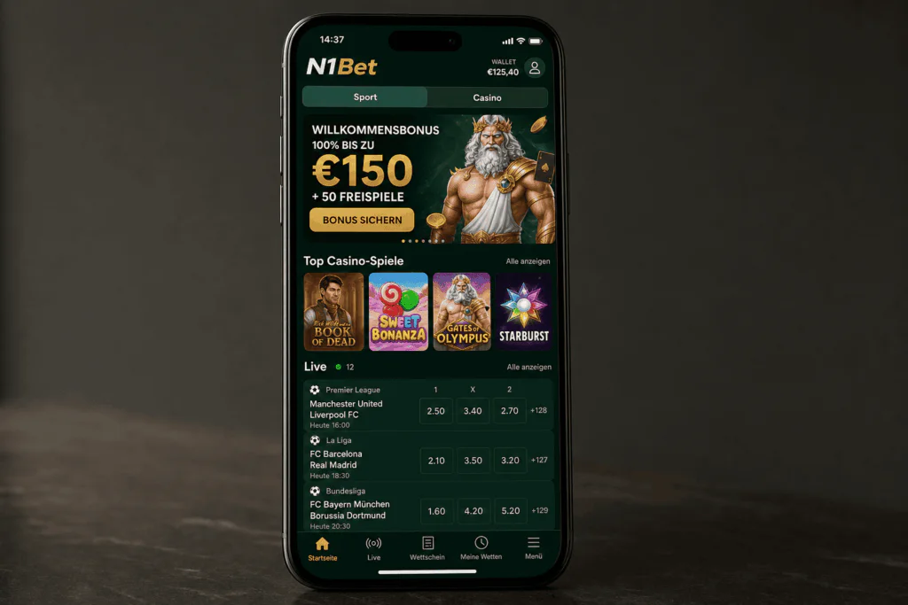 Hauptoberflaeche und Benutzer-Dashboard der mobilen N1Bet App - n1bet-sports.ch